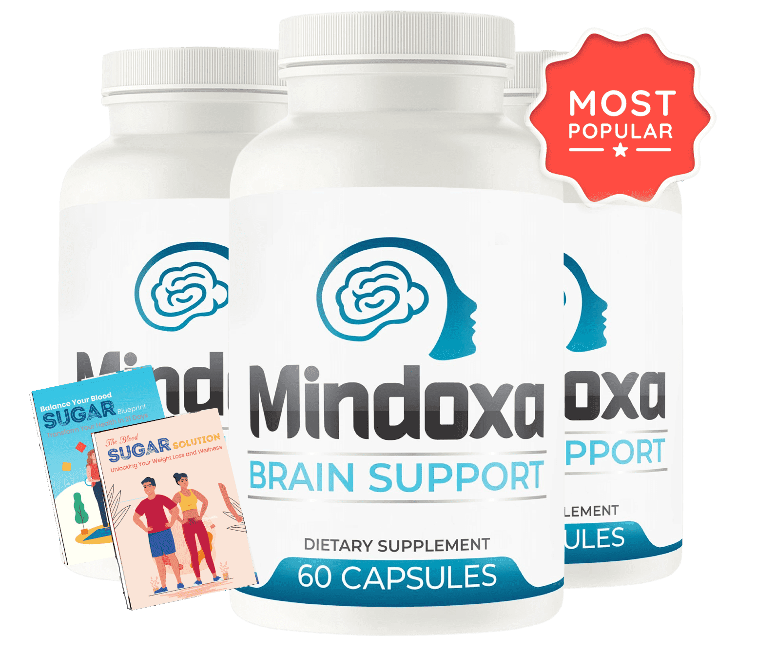 Mindoxa Brain Support three bottle pack with two free bonus guides